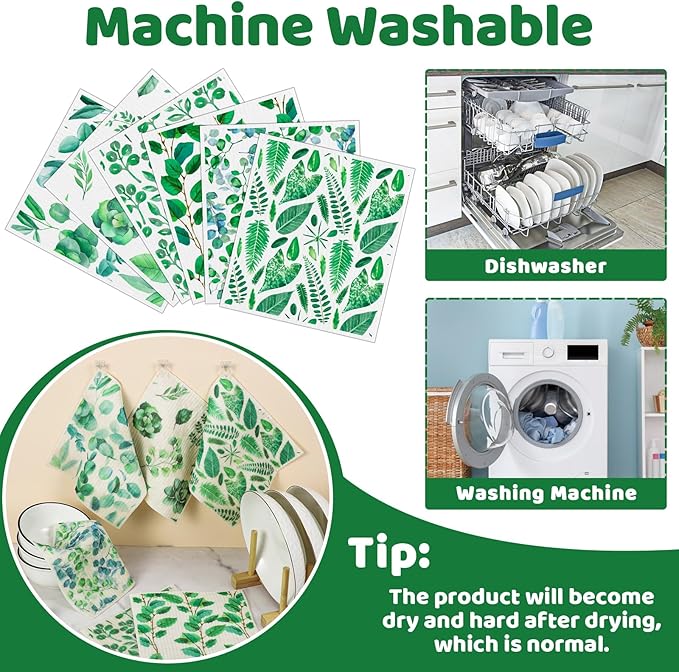 Needbrock 6 Pack Swedish Dishcloths for Kitchen, Swedish Rags Absorbent Green Leaf Dish Cloths Dish Towels with Adhesive Clips, Reusable Paper Towels No Odor for Cleaning Home Kitchen