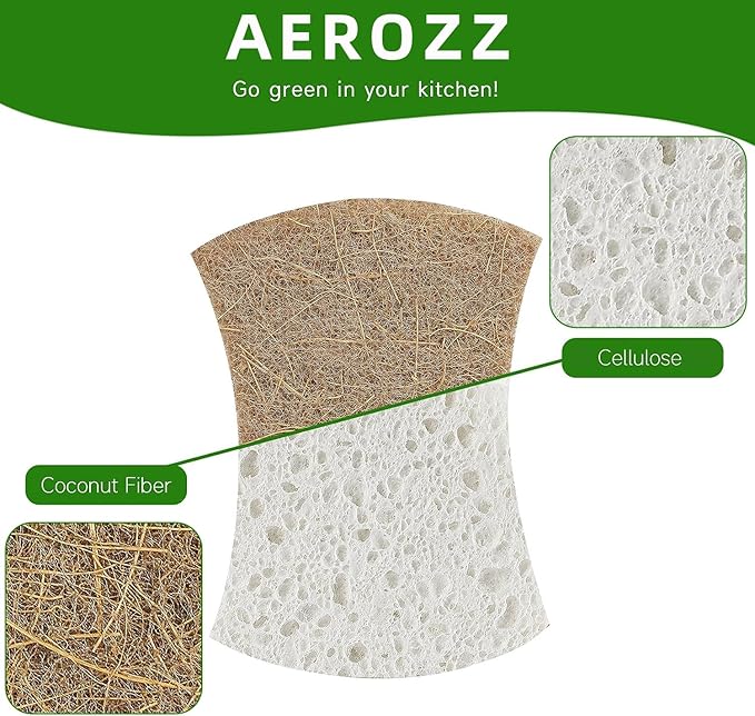 AEROZZ 10 Pack Biodegradable Natural Sponges Kitchen - Compostable Cellulose and Coconut Walnut Scrubber Sponge - Non Scratch Eco Friendly Quick Drying Sponges for Dishes