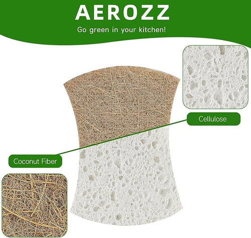 AEROZZ 10 Pack Biodegradable Natural Sponges Kitchen - Compostable Cellulose and Coconut Walnut Scrubber Sponge - Non Scratch Eco Friendly Quick Drying Sponges for Dishes