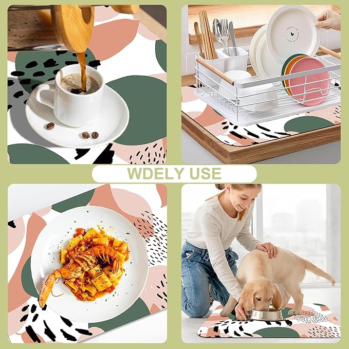 Dish Drying Mat Abstract Dots Lines Doodle Pattern Kitchen Mat 12"x19" Bsorbent Coffee Maker Mat for Dishes Utensils Coffee Maker Pots and Pans Easy Clean Dish Slip Resistant Pad
