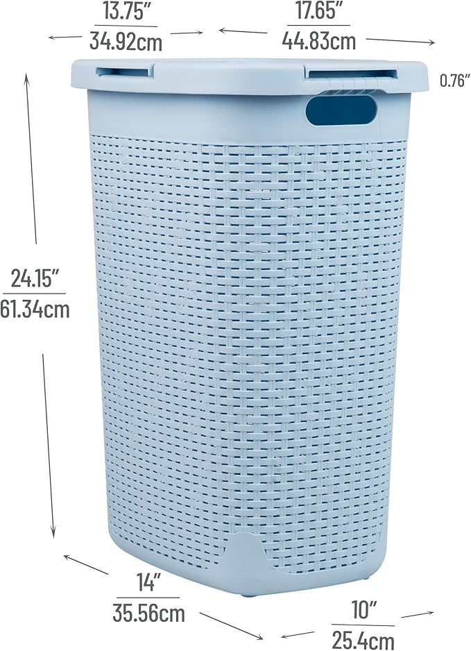 Mind Reader Slim Laundry Hamper with Lid, 60L Clothes Basket, Premium Wicker Design, Plastic, Baby Blue