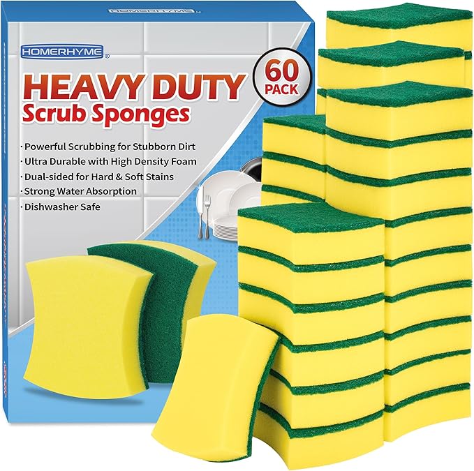 HOMERHYME Heavy Duty Sponges 60 Pack, Sponges Kitchen Double-Side Scratch-Free Dish Sponges, Sturdy Kitchen Sponge For Dishes, Multipurpose Cleaning Supplies For Home And Kitchen, Bathroom & Household