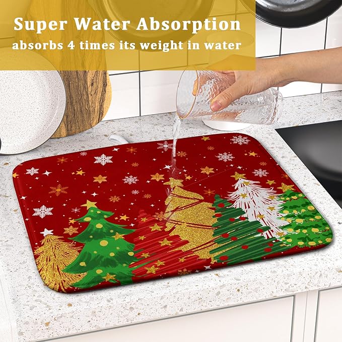 Christmas Dish Drying Mat 16 x 18 Inches Winter Red and Green Absorbent Reversible Microfiber Mats for Tree and Snowflake Pattern Dish Rack Pad Drainer Mat for Coffee Bar Decor