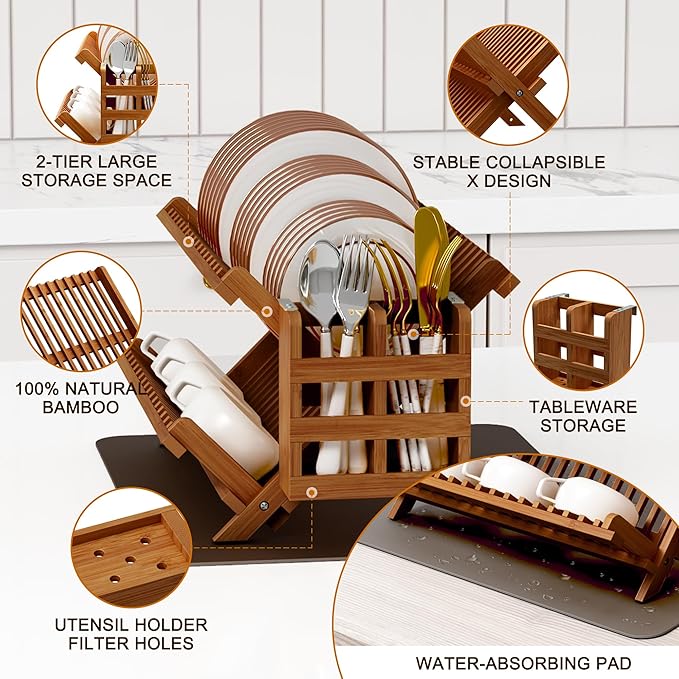 Greenual Teak Dish Drying Rack with Utensil Holder, 2 Tier Collapsible Dish Rack, Wooden Dish Racks for Kitchen Counter, Folding Drying Holder with Absorbent Dish Drying Mat