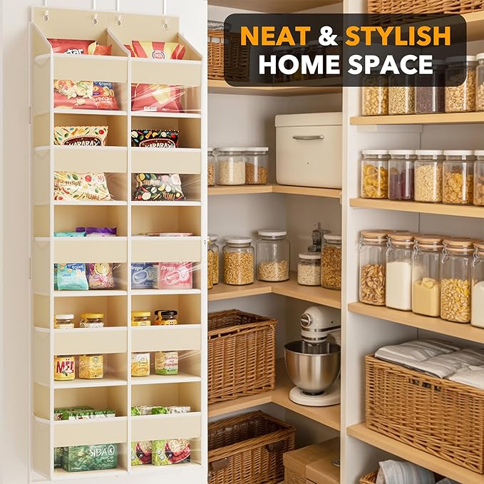 SpaceAid Extra Large Over The Door Organizer with 10 Large Pockets and 10 Mesh Side Pockets, 5 Layers Door Organizer Hanging with Clear Window for Bedroom, Bathroom, Pantry and Nursery, Beige