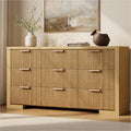 Fluted Dresser for Bedroom, 9 Drawer Dresser with Gold Handle, 57" Wide Chest of Drawers, Modern Wood Dressers Organizer for Bedroom, Liveroom, Entryway, Natural Oak