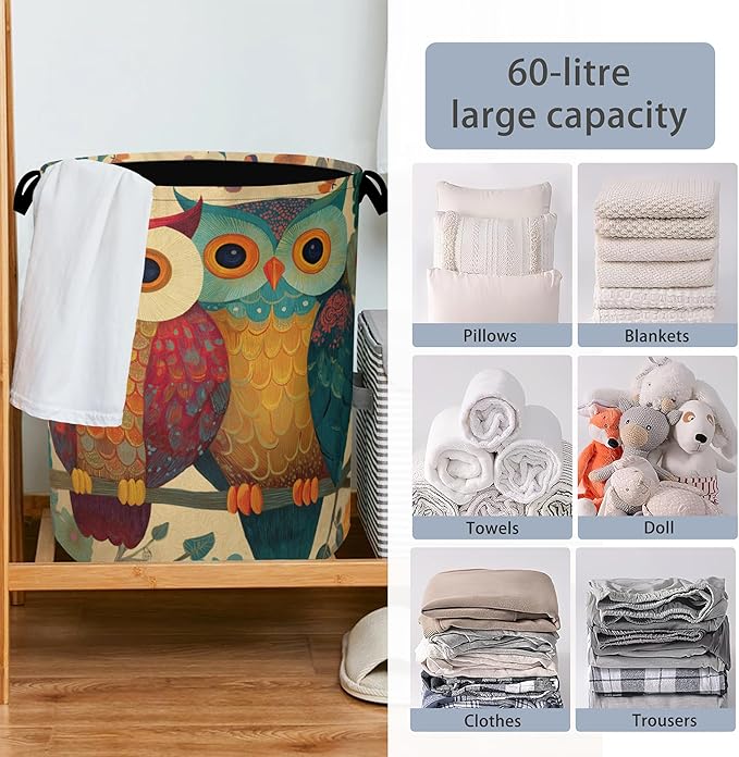 Cute Owl Laundry Basket,Foldable with Handles Tote Bag Oxford Cloth for Bathroom Bedroom Dirty Clothes Storage Bucket 16" x 20.8"