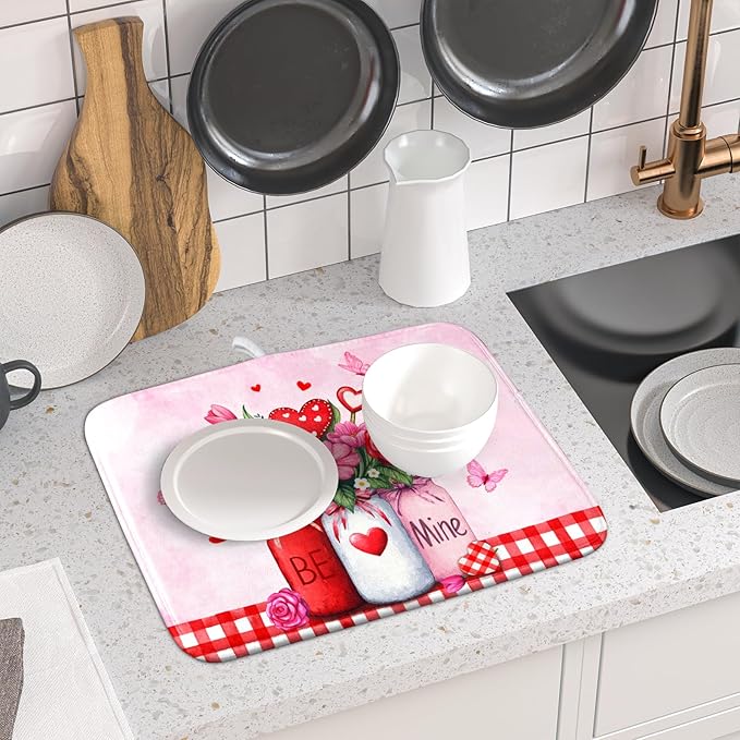 Rose Vase Dish Drying Mat 16x18 inch Romantic Floral Washable Absorbent Dish Dry Pad Fast Dry Drainer Rack Mats Kitchen Counter Accessories