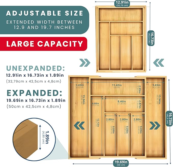 Sben Expandable Drawer Organizer for Utensils Holder, Adjustable Cutlery Tray, 6-8 Slots, Premium Wood Drawer Dividers Organizer for Silverware, Flatware, Knives for Kitchen (Bamboo)