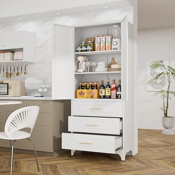 Metal Storage Cabinet with Doors and Shelves, 75" Tall Kitchen Pantry Storage Cabinets with 3 Drawer, White Food Pantry, Steel Office Cabinet, Large Cupboard, for Kitchen, Dining, Living Room