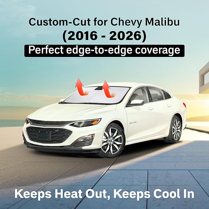EcoNour Windshield Sun Shade Compatible for Chevy Malibu 2016–2025 | Custom Fit Sedan Front Window Sunshade | Foldable UV & Heat Reflective Sun Visor
