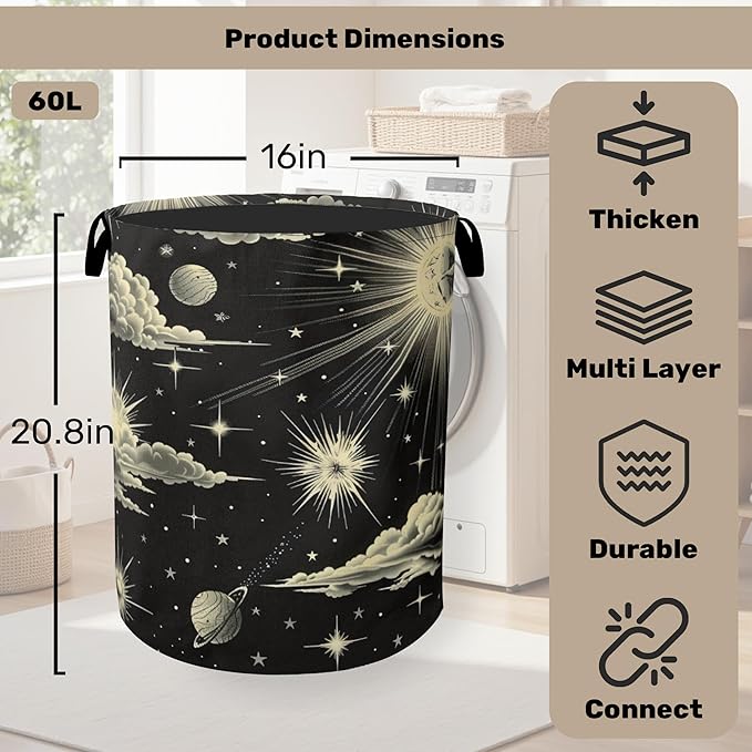 Gothic Sun Cloud Laundry Basket with Handles - Extra Large Foldable Hamper for Bathroom/Laundry/Bedroom/Dorm, Washable Fabric Storage Bin