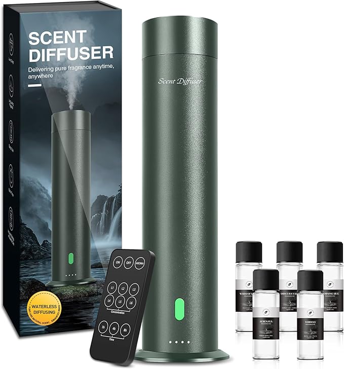Waterless Scent Diffuser Starter Kit - 1000 Sq Ft Coverage, Hotel Scent Diffuser, Essential Oil Diffuser Large Room, Included 5 Scent Oils, Remote Control, SandGreen
