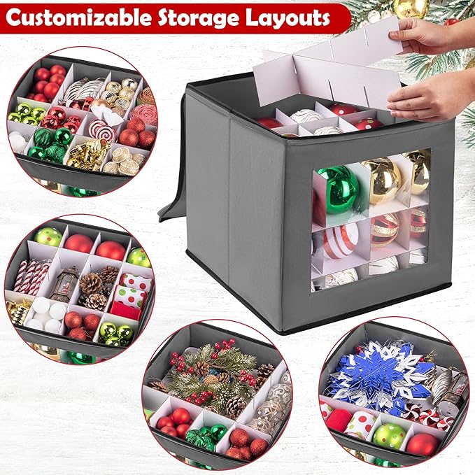 Christmas Ornament Storage Box, Premium Ornaments Organizer with Adjustable Dividers Pockets Clear Window Store Up to 64 Holiday Ornaments Storage Container Bin Zippered for Christmas Decorations Grey