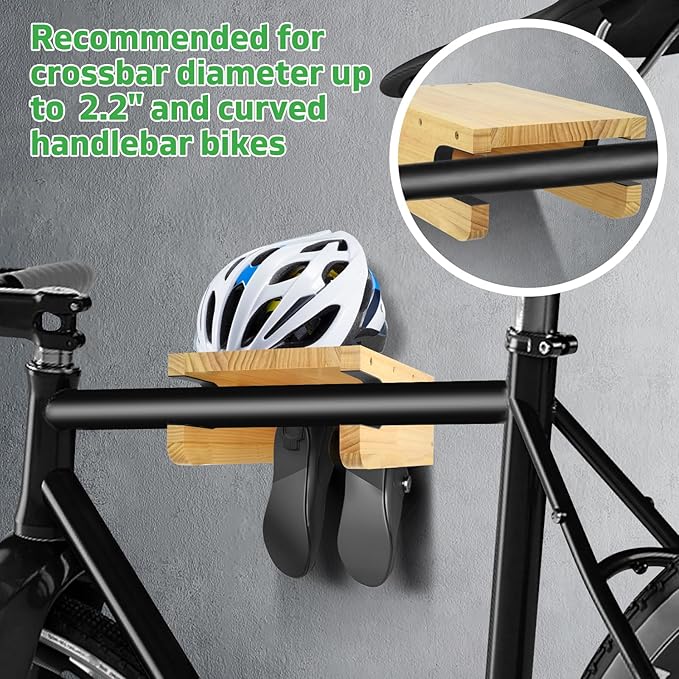 Wooden Bike Wall Mount Rack with Shelf and Hooks for Home, Space-Saving Indoor Horizontal Bike Storage Rack for Garage, Wood Wall Mounted Bike Hangers for Single Road, Mountain Bicycle