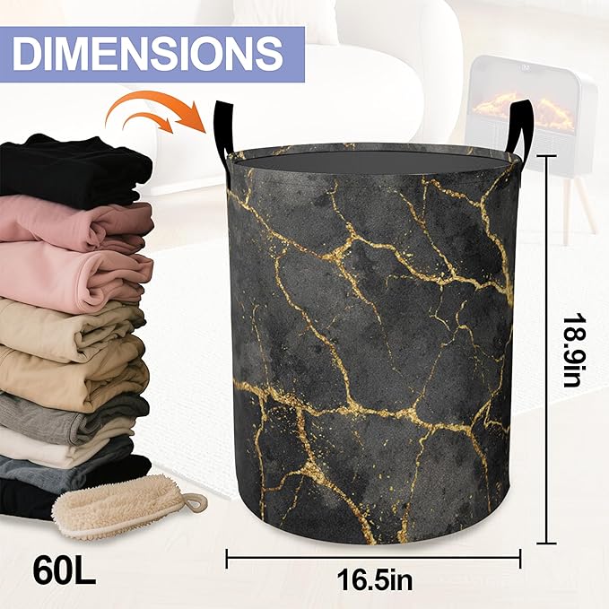 Laundry Basket,Black Gold Marble Large Canvas Fabric Lightweight Storage Hamper Organizer Dirty Clothes Collapsible Waterproof for College Dorms,Bathroom
