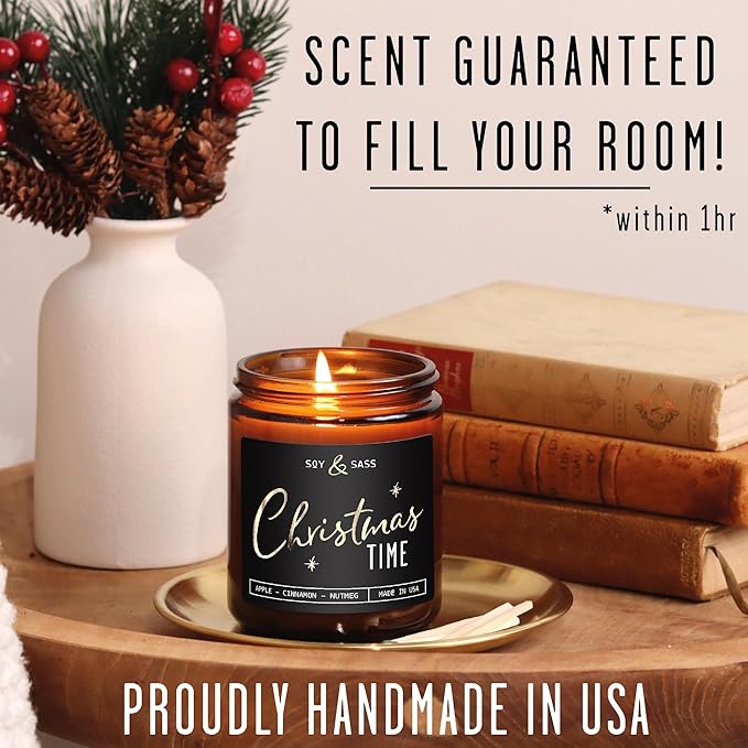 Christmas Candles Scented – ‘Christmas Time’ Soy Christmas Candle, w/Apple, Cinnamon, Clove - Infused with Essential Oils I Holiday Candles I 9oz, 50Hr, Made in USA