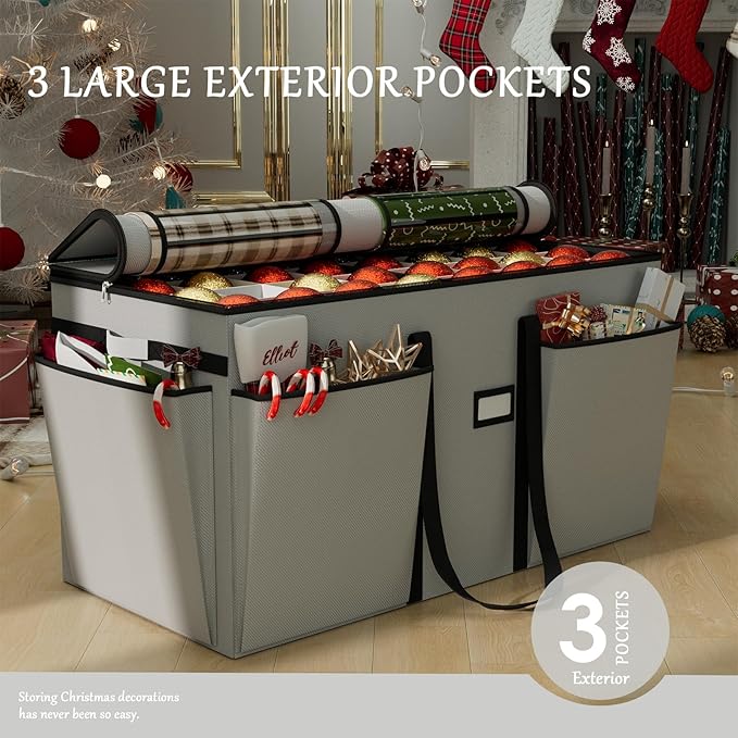 VERONLY Christmas Ornament Storage Box with 8 Trays, Christmas Storage Container for 128-3'' Holiday Ornament Decorations, Large Xmas Organizer with Adjustable Dividers, Dual Zipper and Pocket