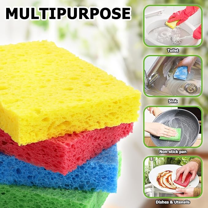 Vilphel Compressed Natural Cellulose Sponges 24 Pack Regular Size Multicolor Soft Reusable Non-Scratch Long-Lasting Basics Dish Washing Sponges for Kitchen Cookware and Bathroom, DIY Cuts-Out for Fun