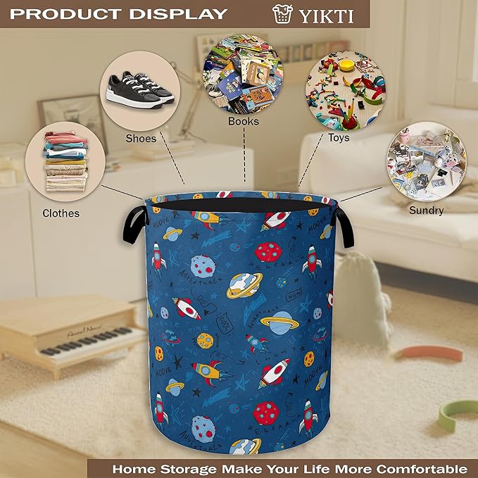 Cartoon Planets Rockets Laundry Hamper,Out Space Clothes Hamper for Laundry,Waterproof Oxford Toy Storage Collapsible Hampers for Bedroom, Dorm Room,Bathroom,16x20 Inch