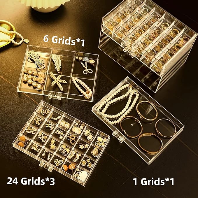 Feadily Acrylic Jewelry Organizer Box, Jewelry Drawer Organizer With 5 Drawers 79 Grids, Clear