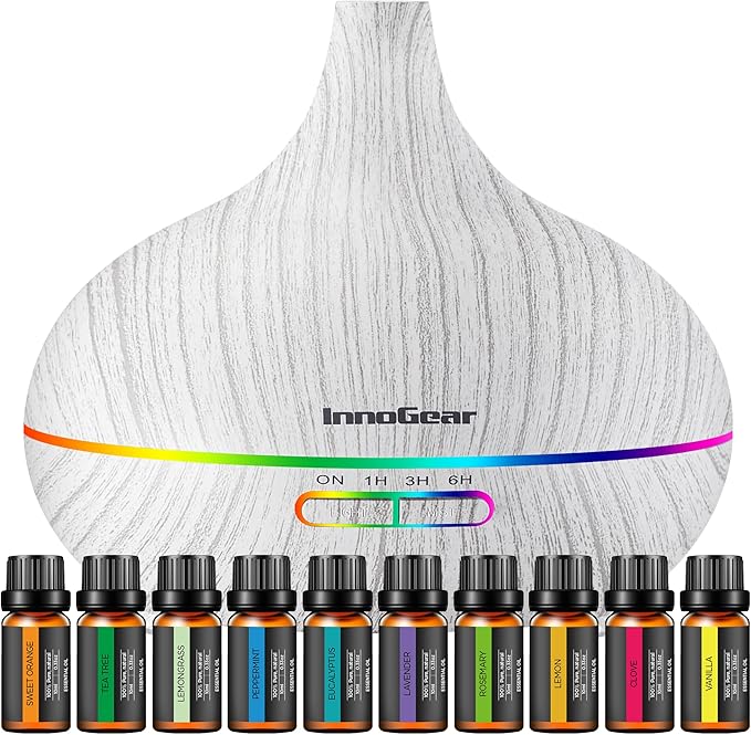 InnoGear Aromatherapy Diffuser & 10 Essential Oils Set, 400ml Diffuser Ultrasonic Diffuser Cool Mist Humidifier with 4 Timers 7 Colors Light Waterless Auto Off for Large Room Office, White Grey