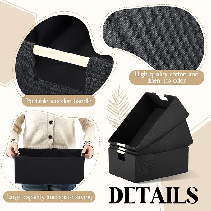 3 Pack Fabric Storage Bins for Closet Shelves, Rectangle Wardrobe Organizer with Handle, Collapsible Shelves Storage Basket for Sorting Clothes and Toy (Black,15 x 10.6 x 6 Inch)