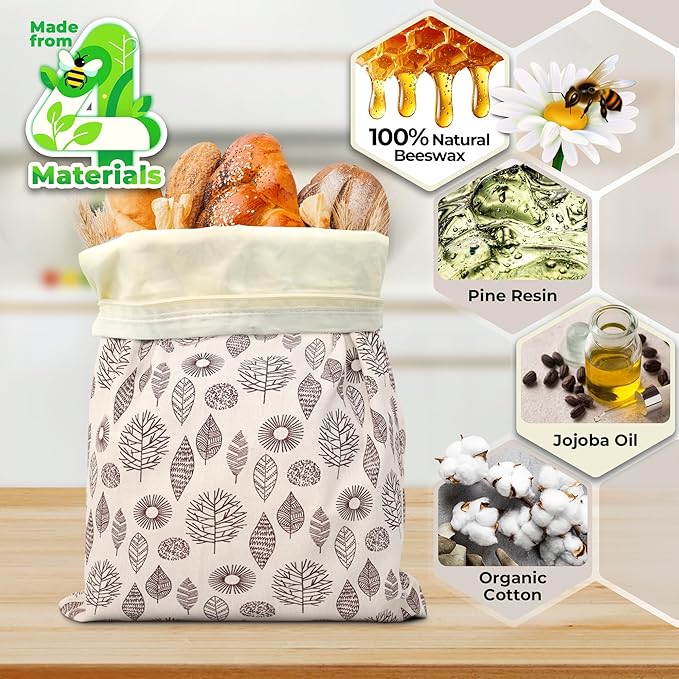 OHIYO Reusable Beeswax Bread Bags for Freezer & Refrigerator, 17"×13" Natural Beeswax-Lined Cotton Storage Bags Airtight Freshness Keeper for Homemade, Bakery Essentials (2 Pack)