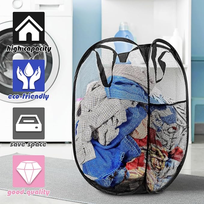 Buyongwant Collapsible Pop Up Laundry Hamper, Extra Large Mesh Foldable Laundry Basket Bag, 28" x 16" x 16", 4 Pack (Black + Pink + Grey + Blue)