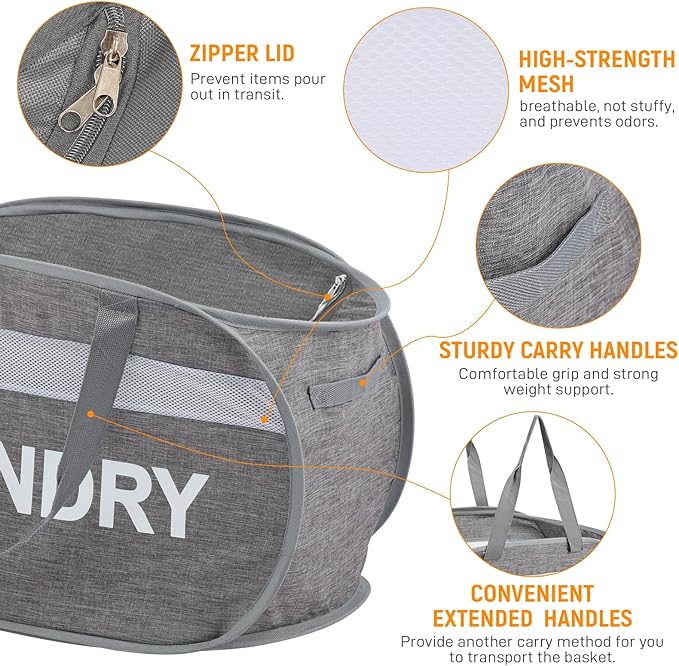 Collapsible Laundry Baskets with Lid, Foldable Clothes Hamper with Reinforced Handles, Sturdy Pop Up Hampers for Laundry, Tear Proof & Easy to Carry Laundry Hamper for Home, Dorm, Travel Grey