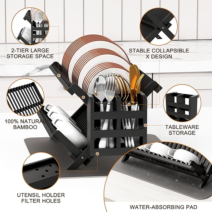 Greenual Black Bamboo Dish Drying Rack with Utensil Holder, 2 Tier Collapsible Dish Rack, Wooden Dish Racks for Kitchen Counter, Folding Drying Holder with Absorbent Dish Drying Mat