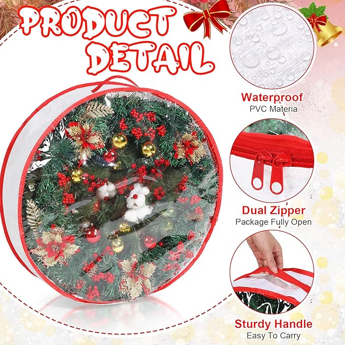 Aliceset 4 Pack Wreath Storage Containers, Christmas Ornament Garland Wreath Storage Bags with Handle Dual Zipper Large Decorative Storages Box for Winter Wreaths(36 x 36 x 7.8 Inch,White)