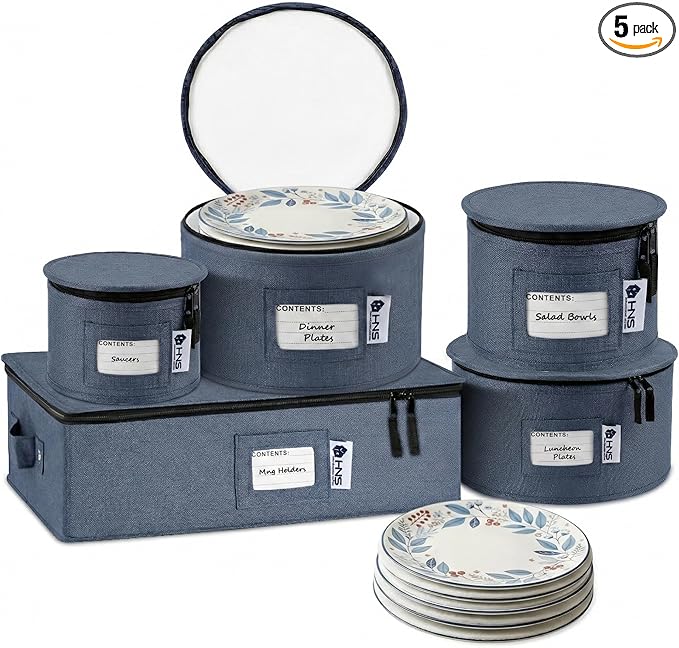 China Storage Hard Shell Containers 5-Piece Set Moving Boxes for Dinnerware, Glasses, Plates, Mugs and Saucers Sturdy Dish Organizer with Dividers for Seasonal Storage - Service for 12 - Denim Blue