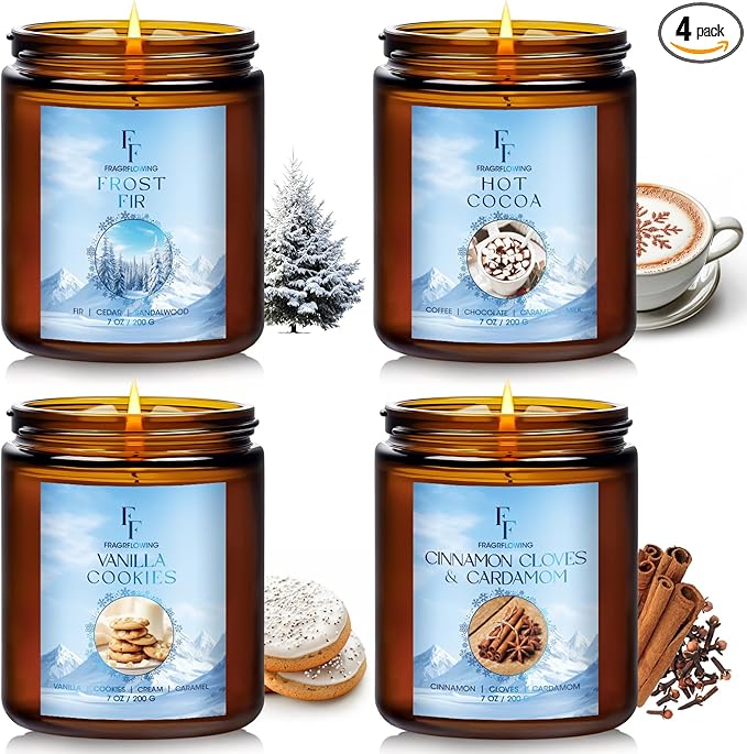 Christmas Candles, Winter Scented Candles for Home, 4 Pack Holiday Natural Soy Candles, Gifts for Women Men, Fragrance of Fir/Hot Cocoa/Vanilla Cookies/Cinnamon