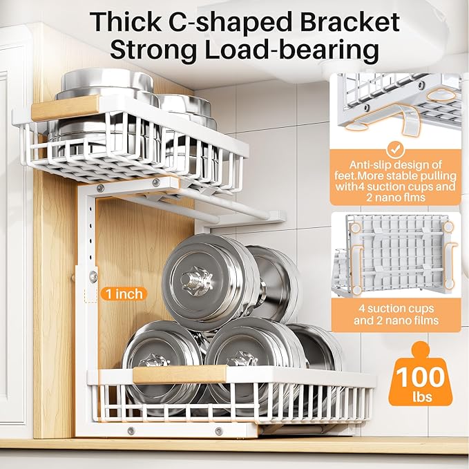 PXRACK Under Sink Organizer, Adjustable Height, 2 Tier Pull Out Under Cabinet Organizer, Slide Out Thickened Metal Under Sink Storage for Kitchen Bathroom Laundry Pantry Cabinet,1-Pack, White