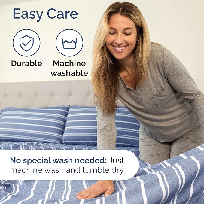 Split King 7 Piece Sheet Set - Comfy Breathable & Cooling - Soft Hotel Luxury Bedding Set w/ 8-16 Inch Deep Pockets - 1 Flat & 2 Fitted Sheet & 4 Pillowcases - Cozy and Wrinkle Free - Blue Stripes 3