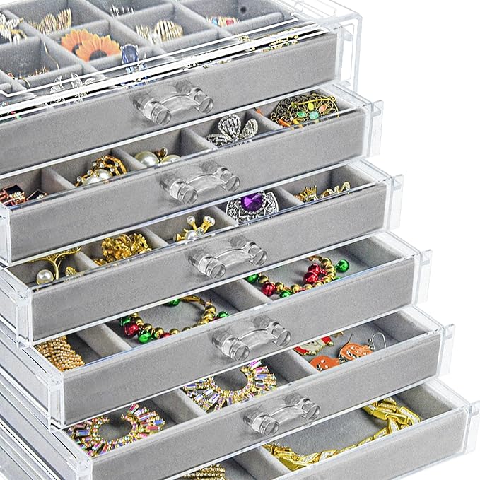 Acrylic Jewelry Box with 6 Drawers, Clear Earring Storage Organizer Display Case for Women Girls, Gray