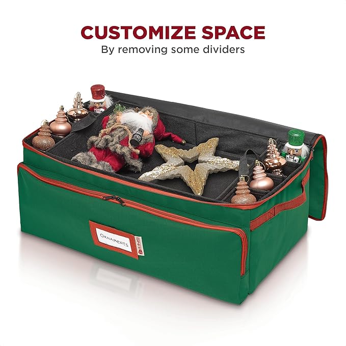 Premium Christmas Ornament Storage Box – Holds up to 72-3” Ornaments + 6 Side Slots for Figurines & Nutcrackers – Holiday Decoration Organizer – Durable 600D Green Canvas