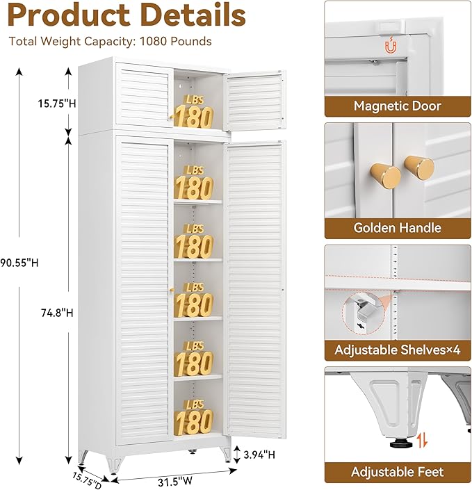Kitchen Pantry Cabinet, 90" Tall Metal Storage Cabinet, Food Pantry cabinets with Doors and Shelves, Steel Cabinets for Living Room, Dining, White,16" D x 32" W x 90" H, Assembly Required