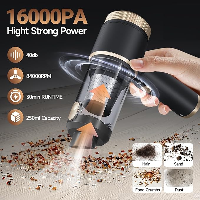 Ytnewin Car Vacuum Portable Cordless,16000PA Strong Suction Handheld Car Cleaner with Dual HEPA Filters,LED Light,Type-C Charging Mini Vacuum, One-Click Empty Compact for Home Cleaning and Office