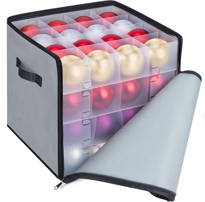 BALEINE Christmas Ornament Storage Box with Dividers, Premium Holiday Ornaments Storage Container Bin for Xmas Decorations (64 Ball, Grey, Soft)