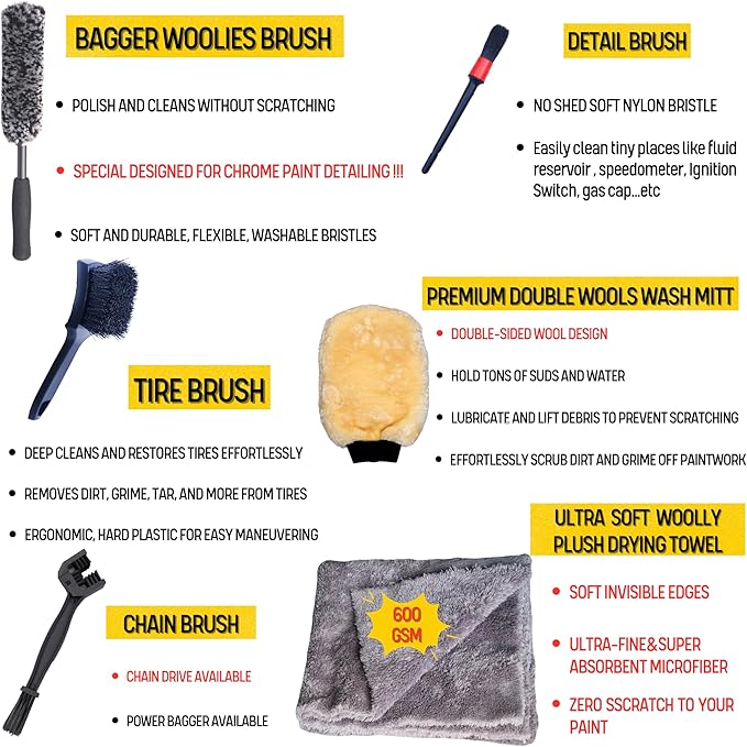 oesee Motorcycle Cleaning Kit 6 Pack Design for Chrome, Woolies Brush, Wool Wash Mitt, Tire&Chain Brush, Detailing Brush& Ultra Plush Towel for Motorcycle& Bike Chrome Painted, Rims, Exhaust, Surface