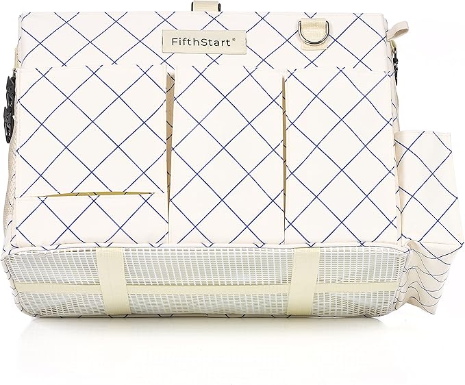FifthStart Cleaning Caddy for Cleaning Supplies - Large Cleaning Bag Organizer Tote with Shoulder Strap, Mesh Base & Adjustable Dividers - Heavy Duty Cleaning Bags for Housekeepers (Blue Check, Large)