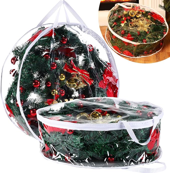Shappy 2 Pieces Christmas Wreath Storage Container 30 Inch Wreath Plastic Storage Bags with Dual Zippers and Handles for Xmas Thanksgiving Holiday Artificial (Clear)