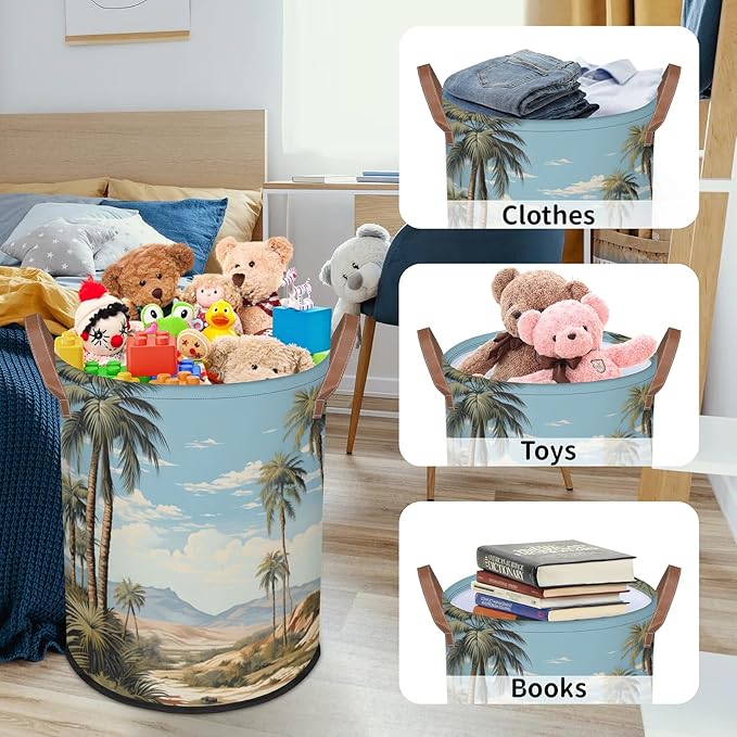 62L Coconut Tree Laundry Basket for Clothes Books Toys Adult Kids Rotundity Laundry Hampers Bin for Bathroom Kitchen Hotel