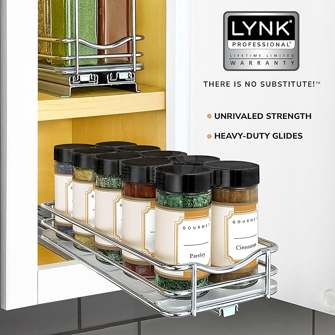 LYNK PROFESSIONAL® Pull Out Spice Rack Organizer for Inside Kitchen Cabinets - 4-3/8 inch Wide - Slide Out Drawer – Chrome Sliding Spice Cabinet Organization Shelf Racks - 1 Tier
