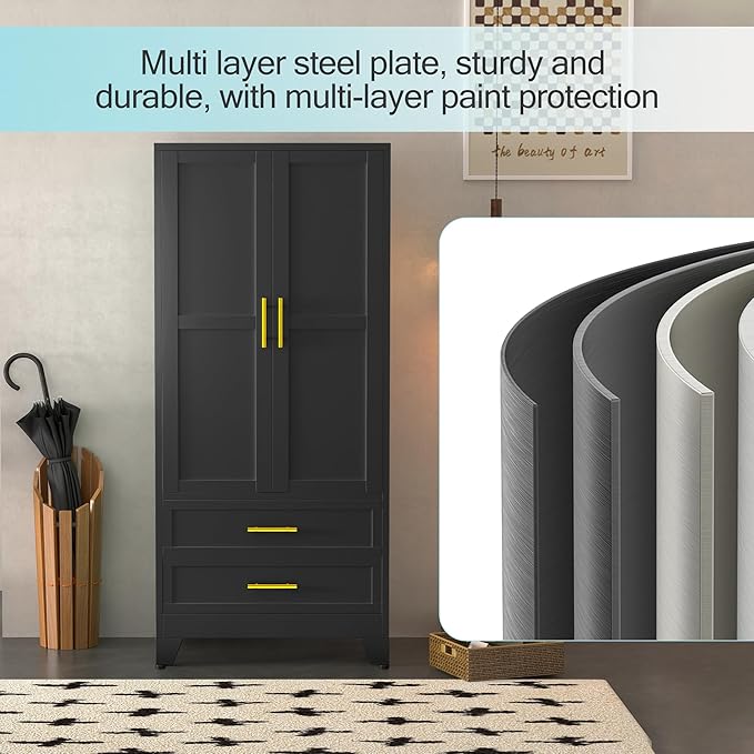 Metal Armoire Wardrobe Closet, 71 "Metal Clothing Storage Cabinet with Adjustable Shelves and Hanging Rod, Household Steel Wardrobe Storage Cabinet with Drawers (Armoire-Black)