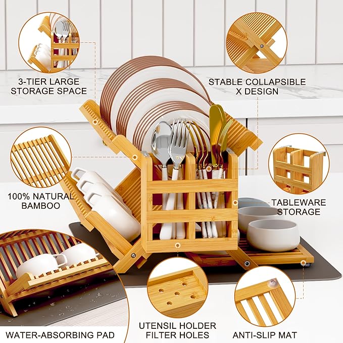 Greenual Bamboo Dish Drying Rack with Utensil Holder, 3 Tier Collapsible Dish Rack, Wooden Dish Racks for Kitchen Counter, Large Folding Drying Holder with Absorbent Dish Drying Mat