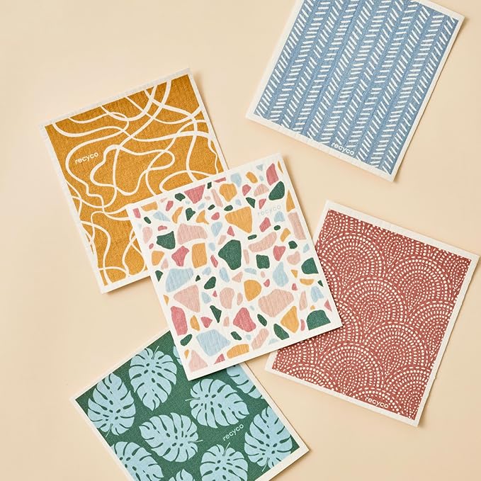 RECYCO Swedish Dishcloths for Kitchen | 5 Pack Urban Boho Terrazzo Washable Dish Rags | Cellulose Reusable Cleaning Paper Towels | Absorbent Counter Dish Cloth Sponge Kitchen Wipes, 8" L x 7" W