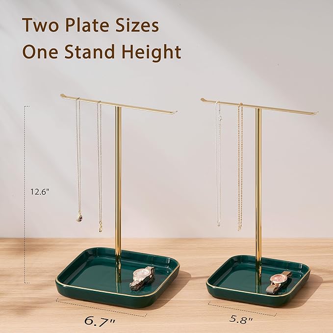 pickpiff Necklace Holder Stand with Ceramic Base: 12" Jewelry Tree Display Organizer for Necklaces, Bracelets, Rings, Earrings, Tall Gold and Green Stand for Women, Aesthetic Room Décor